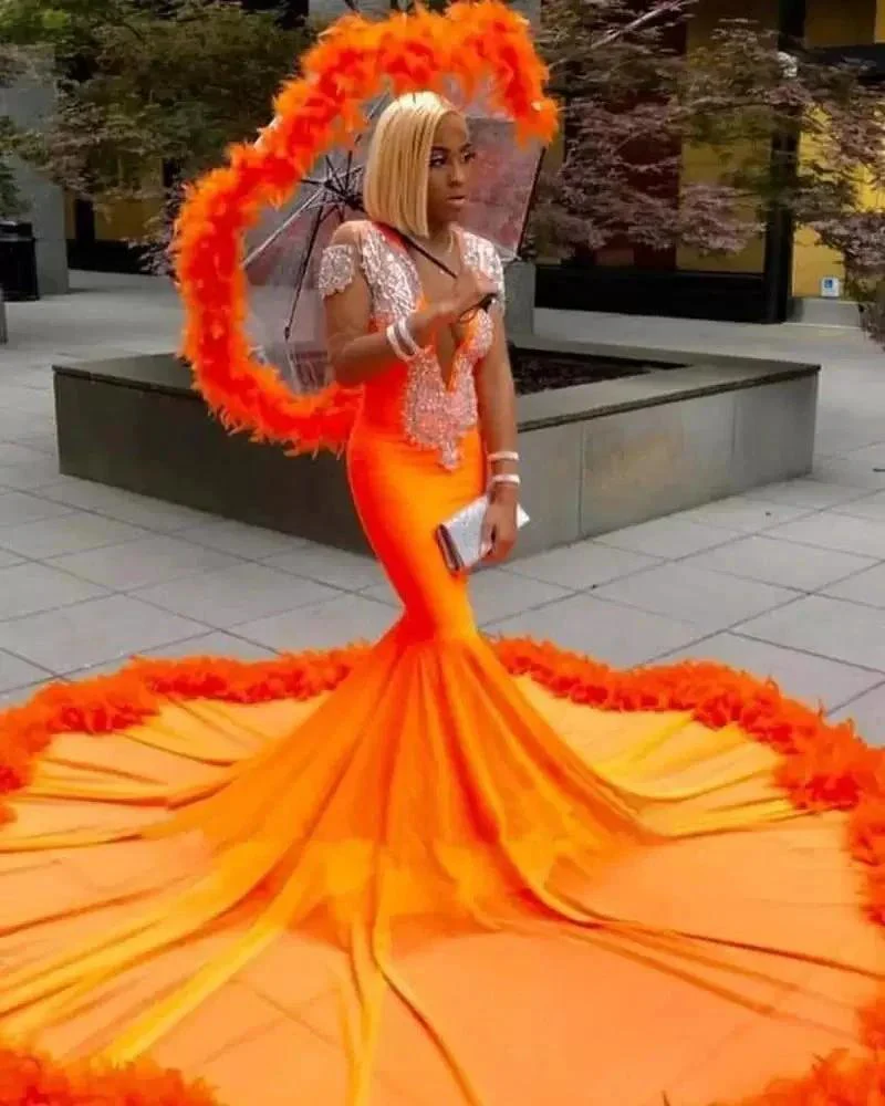 Gorgeous Orange Mermaid Tassel V-Neck Lace Prom Dress With Long Sleeves - Image 4