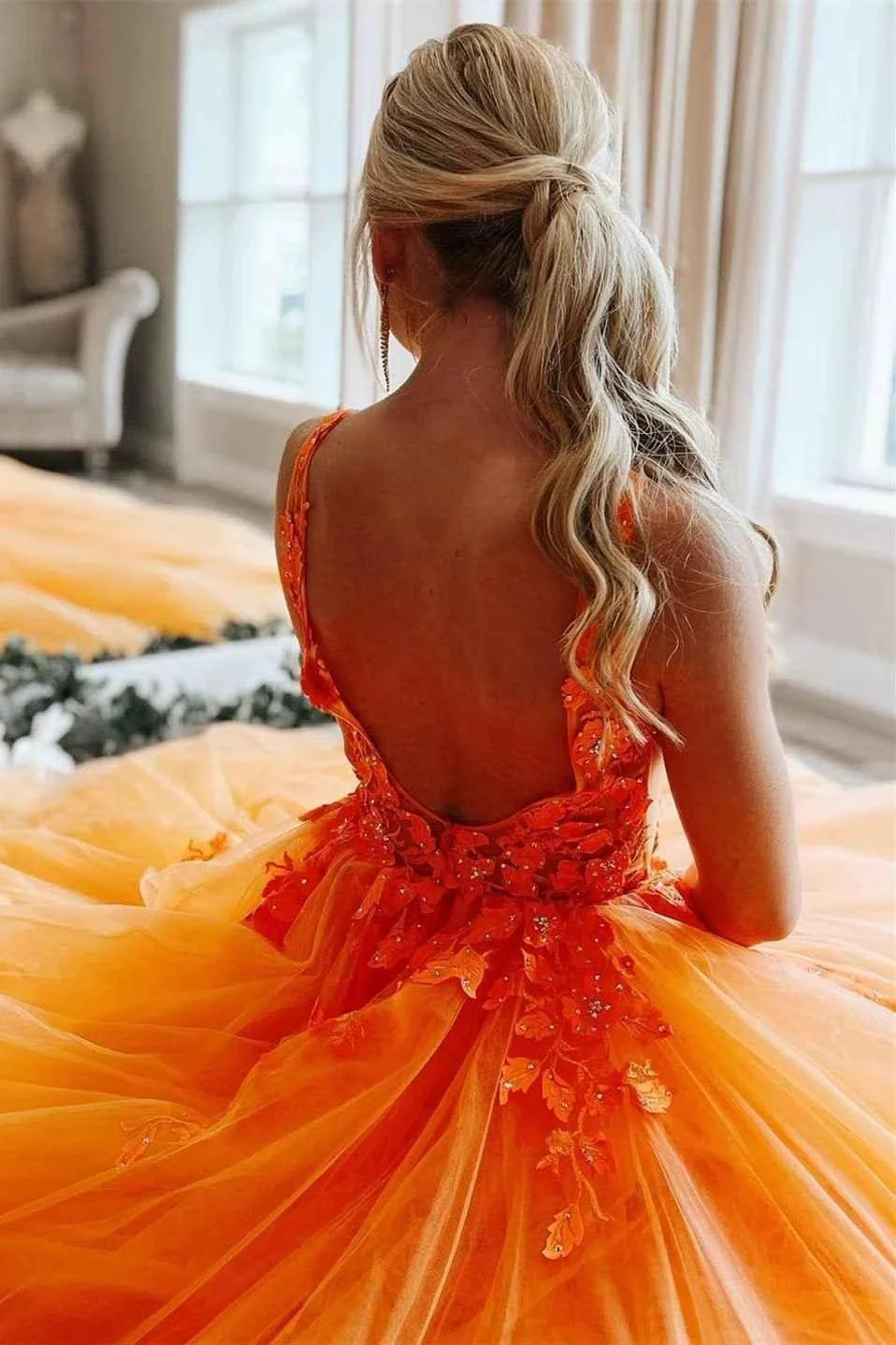 Gorgeous Orange V-Neck Floral Tulle Long Prom Dress PSK360 - Image 2