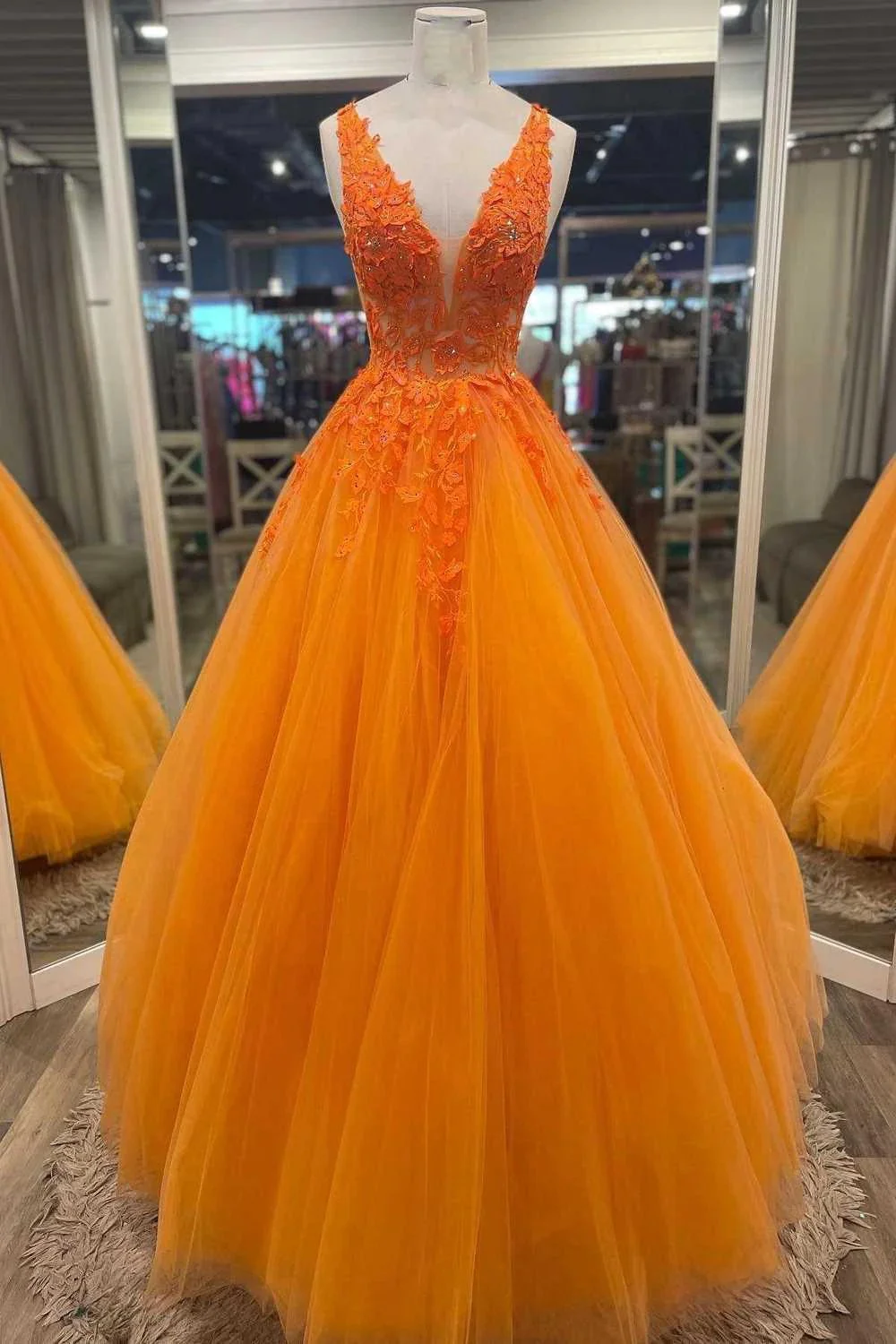 Gorgeous Orange V-Neck Floral Tulle Long Prom Dress PSK360 - Image 3