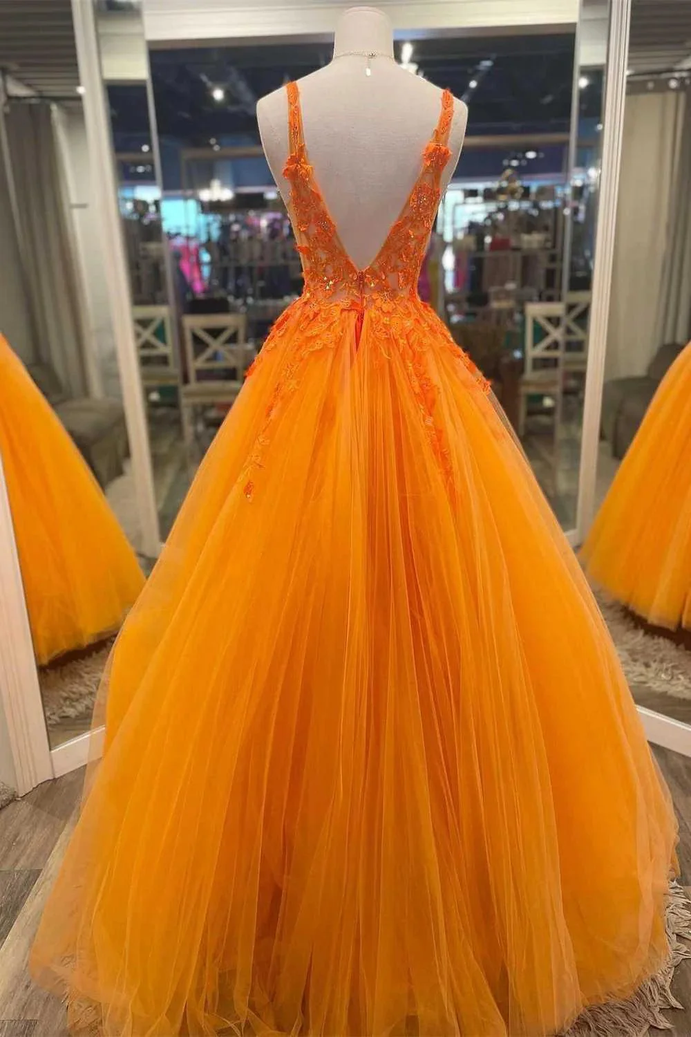 Gorgeous Orange V-Neck Floral Tulle Long Prom Dress PSK360 - Image 4