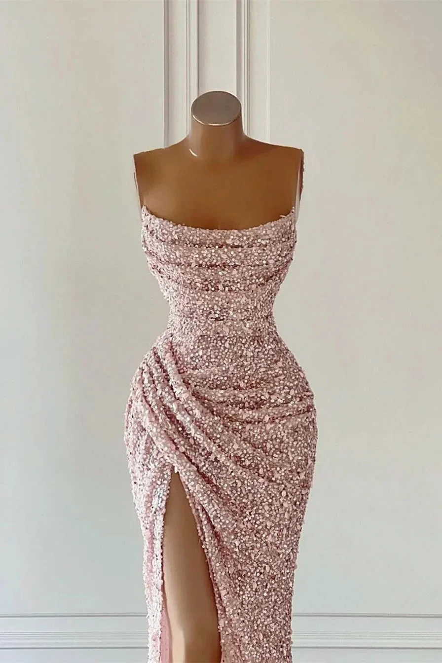 Gorgeous Pink Sequined Sleeveless Prom Dress With Slit - Image 2