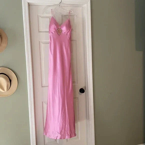 Gorgeous Pink Spaghetti Straps Satin Beaded Evening Dress Long Prom Dress Y8216 - Image 4