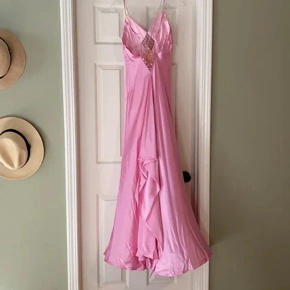 Gorgeous Pink Spaghetti Straps Satin Beaded Evening Dress Long Prom Dress Y8216 - Image 5