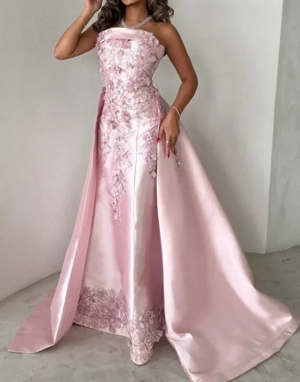Gorgeous Pink Strapless Satin Appliques Evening Dress Formal Prom Dress Y8427 - Image 2