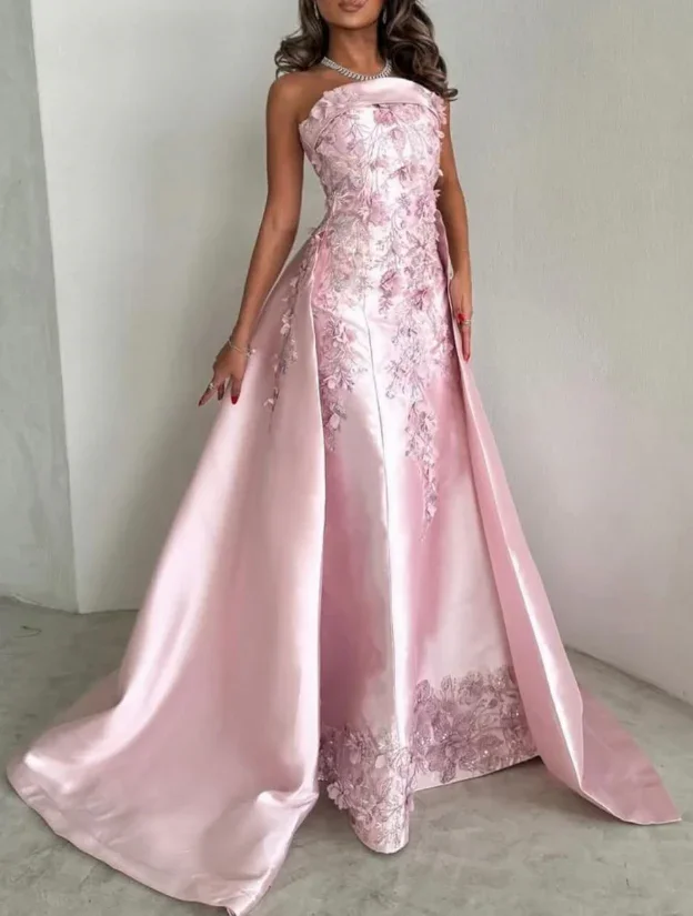 Gorgeous Pink Strapless Satin Appliques Evening Dress Formal Prom Dress Y8427 - Image 3
