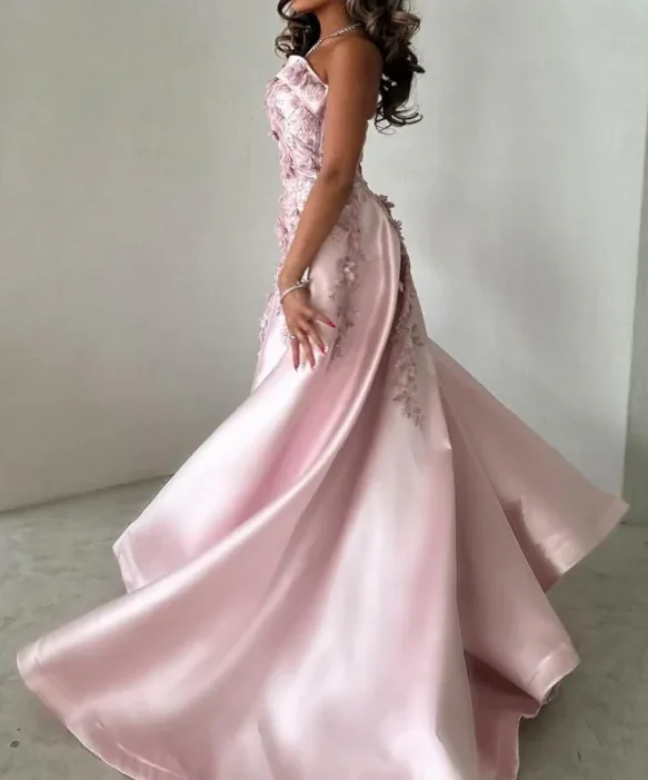 Gorgeous Pink Strapless Satin Appliques Evening Dress Formal Prom Dress Y8427 - Image 4