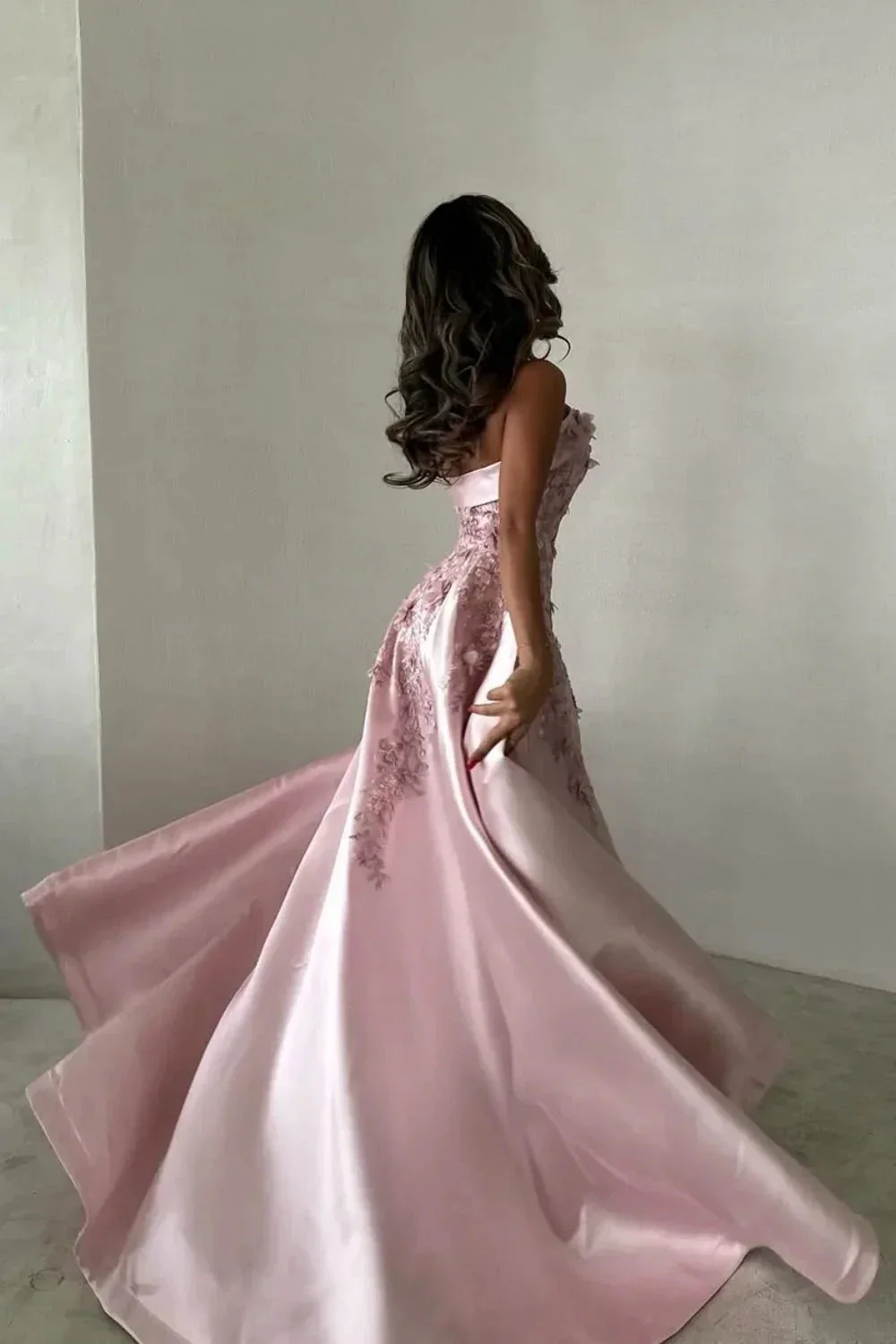 Gorgeous Pink Strapless Satin Appliques Evening Dress Formal Prom Dress Y8427 - Image 5