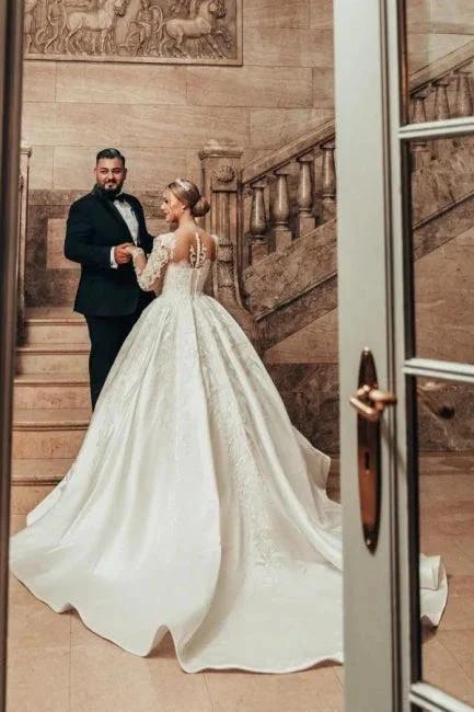 Gorgeous Princess A-line Satin Lace Wedding Dresses With Long Sleeves - Image 2