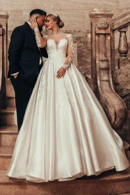 Gorgeous Princess A-line Satin Lace Wedding Dresses With Long Sleeves - Image 3