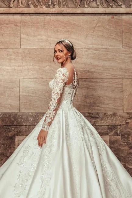 Gorgeous Princess A-line Satin Lace Wedding Dresses With Long Sleeves - Image 4