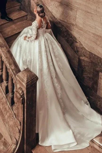 Gorgeous Princess A-line Satin Lace Wedding Dresses With Long Sleeves - Image 5