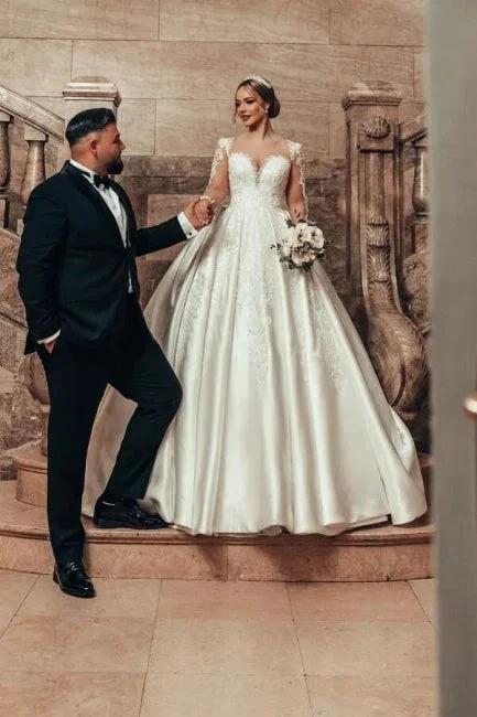 Gorgeous Princess A-line Satin Lace Wedding Dresses With Long Sleeves - Image 7