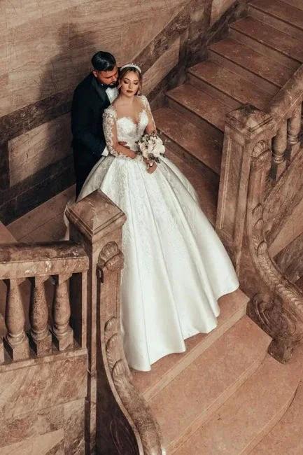 Gorgeous Princess A-line Satin Lace Wedding Dresses With Long Sleeves - Image 8