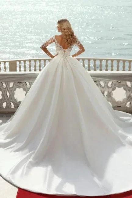 Gorgeous Princess A-line V-neck Satin Wedding Dresses With Long Sleeves - Image 2