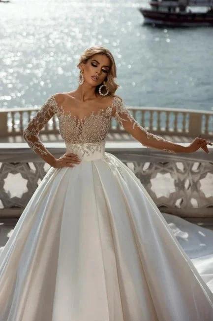 Gorgeous Princess A-line V-neck Satin Wedding Dresses With Long Sleeves - Image 3