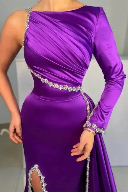 Gorgeous Purple Long A-line Sequined Split Evening Dresses With Long Sleeves - Image 2
