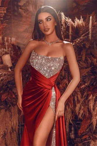 Gorgeous Red Long Evening Dress With Split Long Beads Prom Gown - Image 2