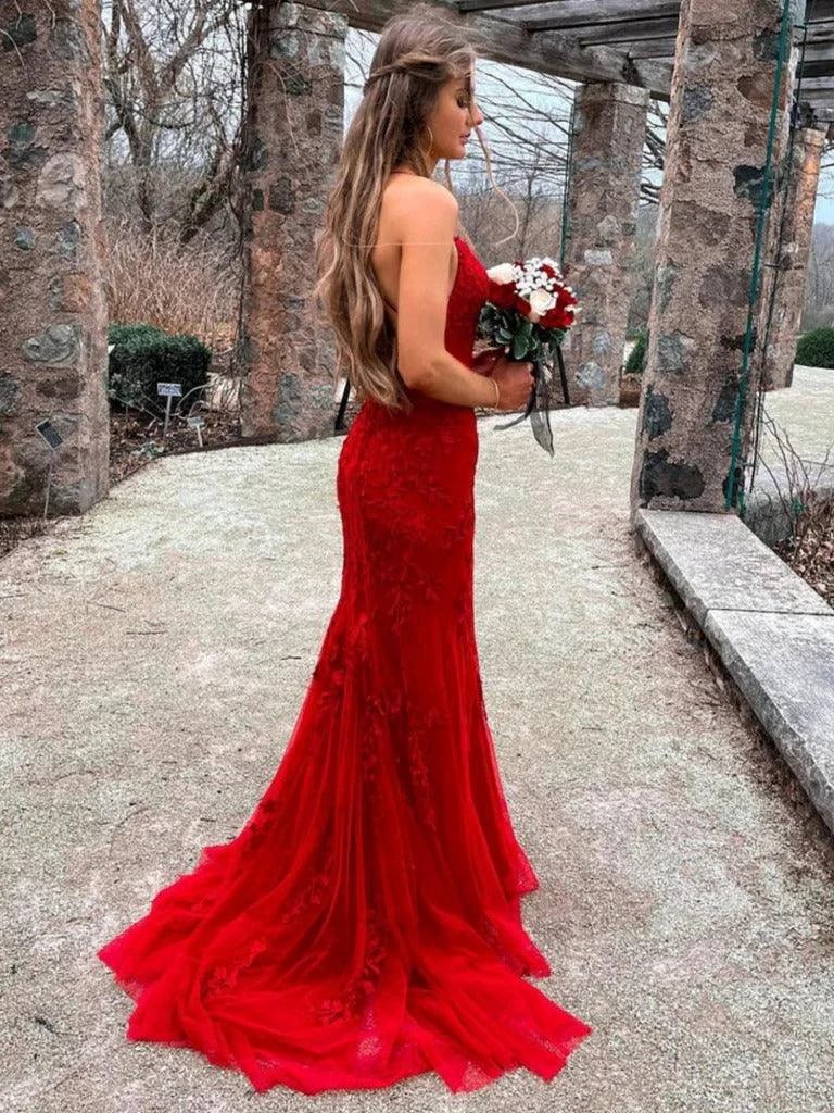Gorgeous Red Long Mermaid Lace Backless Prom Dresses - Image 2