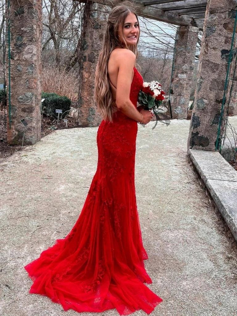 Gorgeous Red Long Mermaid Lace Backless Prom Dresses - Image 3