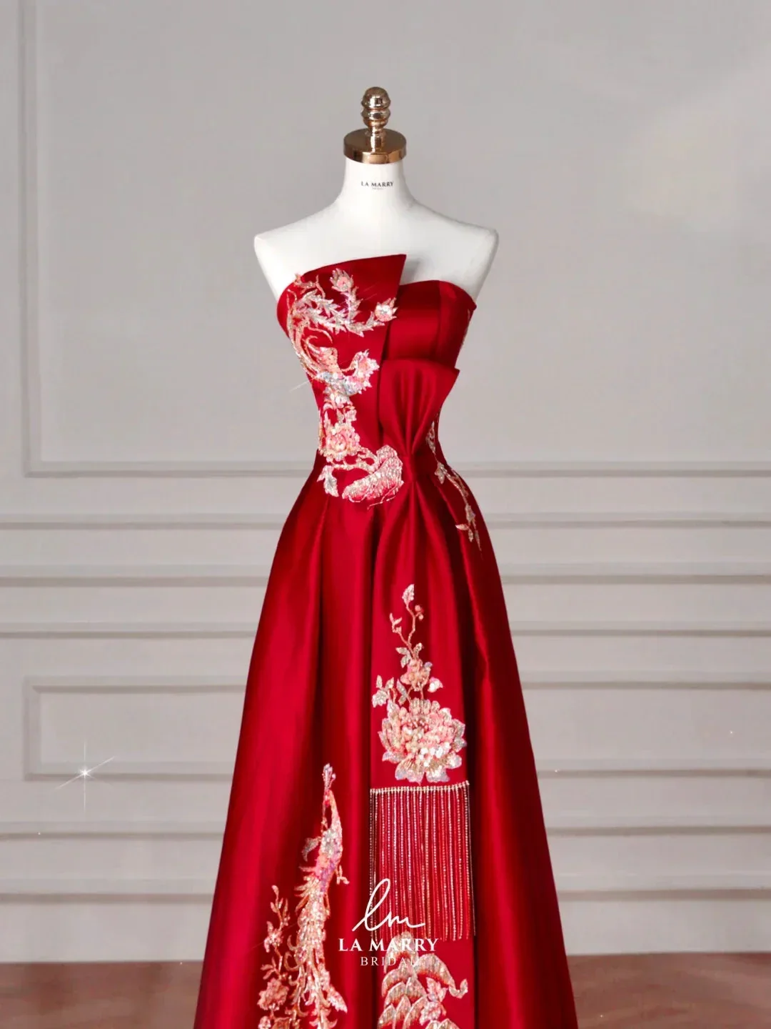Gorgeous Red Satin Sequin Embroidery A Line Prom Dress Strapless Evening Dress Y8631 - Image 3