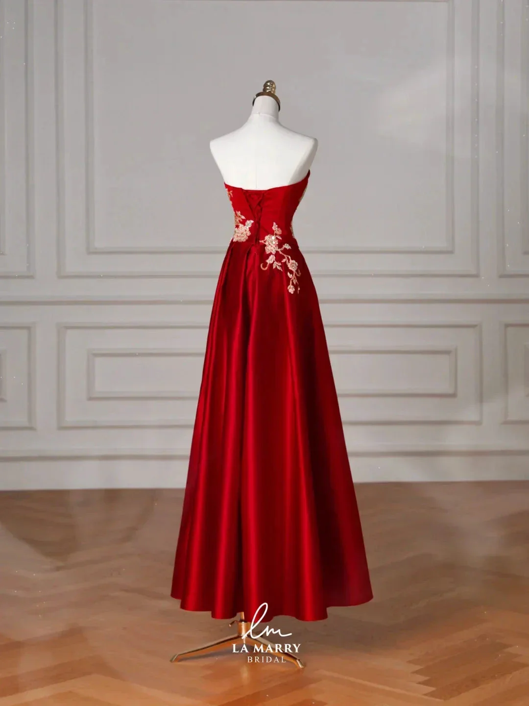 Gorgeous Red Satin Sequin Embroidery A Line Prom Dress Strapless Evening Dress Y8631 - Image 5