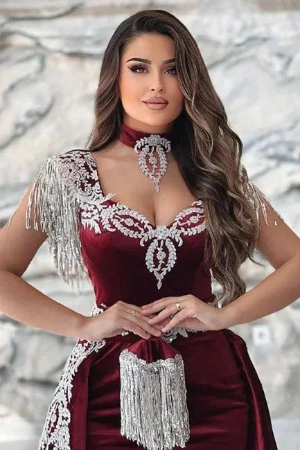 Gorgeous Red Sweetheart Column Appliques Sleeveless Split Front Floor-length Prom Dresses with Train - Image 2