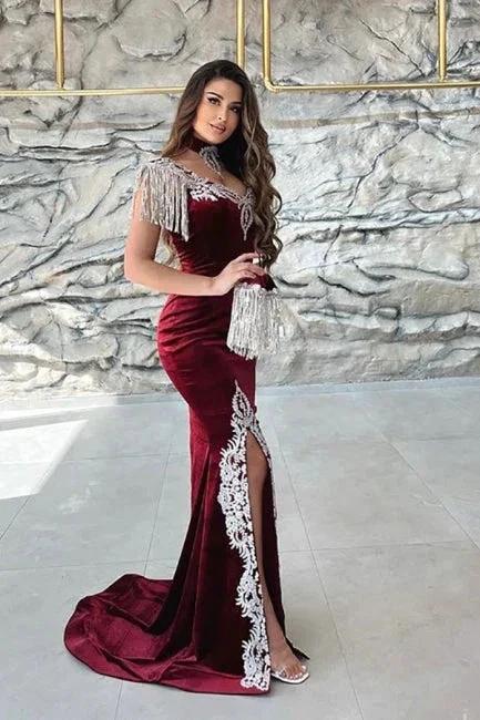 Gorgeous Red Sweetheart Column Appliques Sleeveless Split Front Floor-length Prom Dresses with Train - Image 4