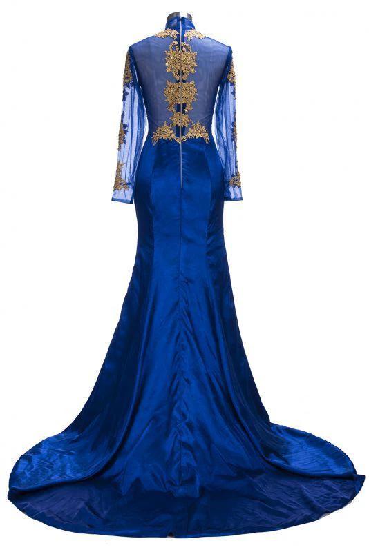 Gorgeous Royal Blue Prom Dresses | Gold Appliques Side Slit Mermaid Evening Dresses - Image 2