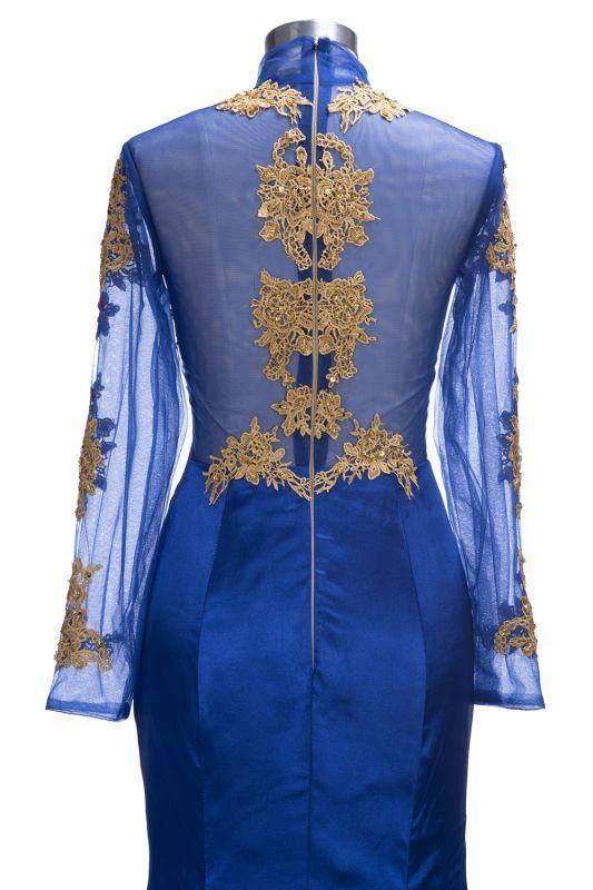 Gorgeous Royal Blue Prom Dresses | Gold Appliques Side Slit Mermaid Evening Dresses - Image 3
