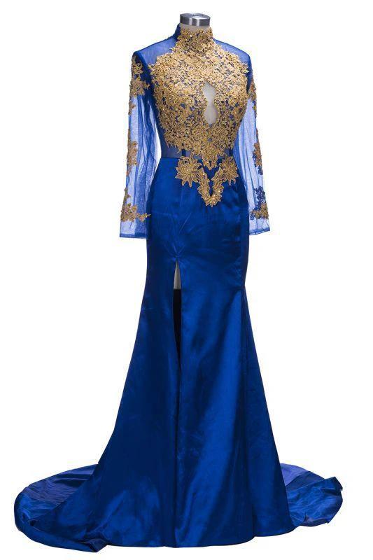 Gorgeous Royal Blue Prom Dresses | Gold Appliques Side Slit Mermaid Evening Dresses - Image 4
