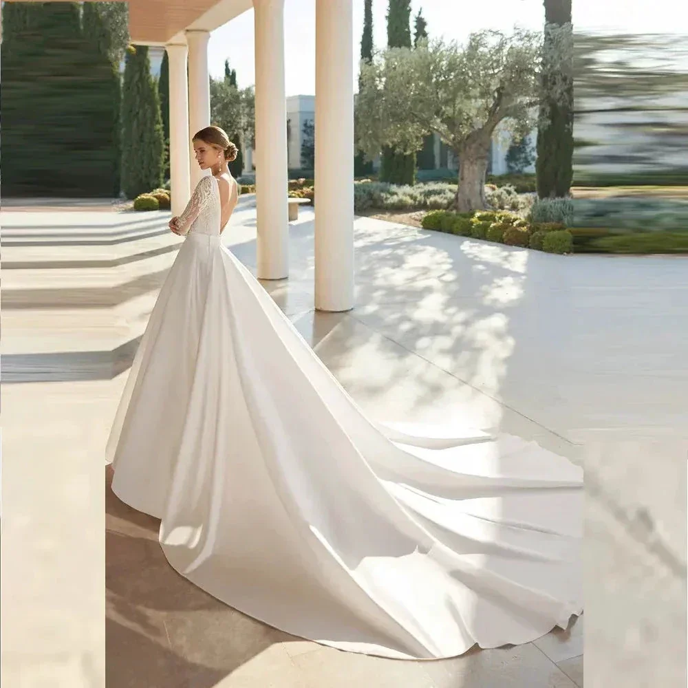 Gorgeous Satin Fascinating Wedding Dresses Beautiful Long Sleeve Simple Elegant Bridal Gowns Sexy Exquisite Lace Appliqued Robe - Image 2