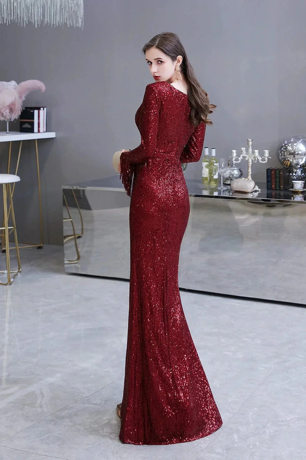 Gorgeous Sequins Long Sleeve V-Neck Mermaid Evening Gowns - Image 2
