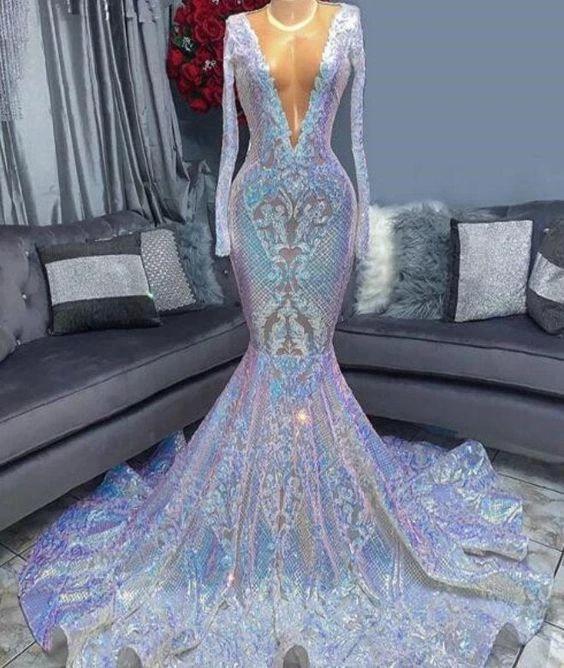 Gorgeous Sequins V-neck Long Sleeve pattern Floor-length Mermaid Prom Dresses - Image 2