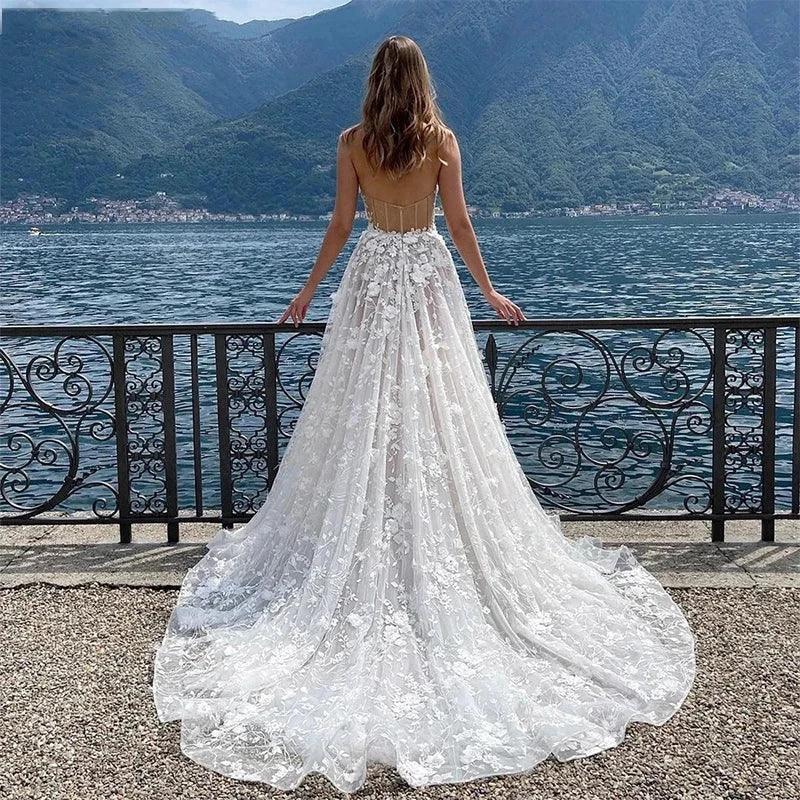 Gorgeous Sexy Off Shoulder Sleeveless High Fork Mopping Wedding Dresses With Split Beach Lace Bride Dresses Backless Custom Made - Image 2