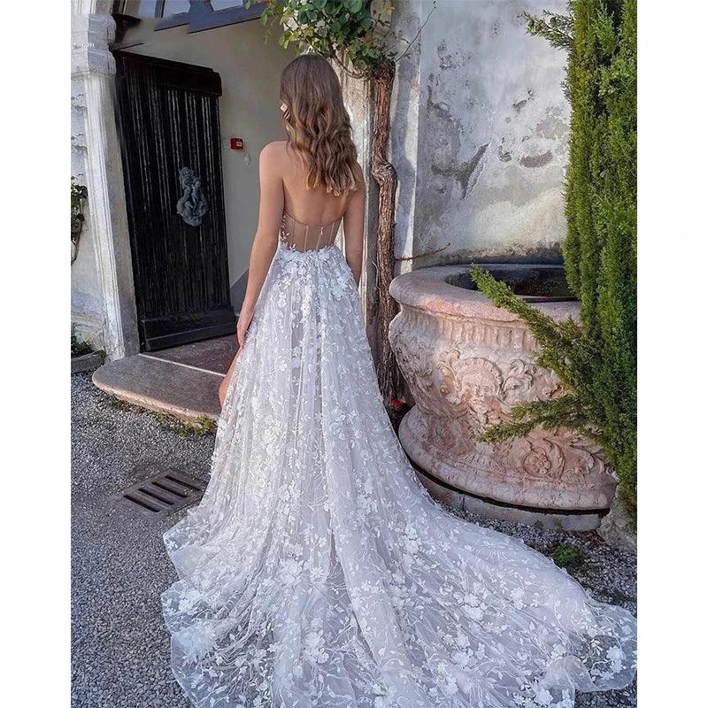 Gorgeous Sexy Off Shoulder Sleeveless High Fork Mopping Wedding Dresses With Split Beach Lace Bride Dresses Backless Custom Made - Image 4