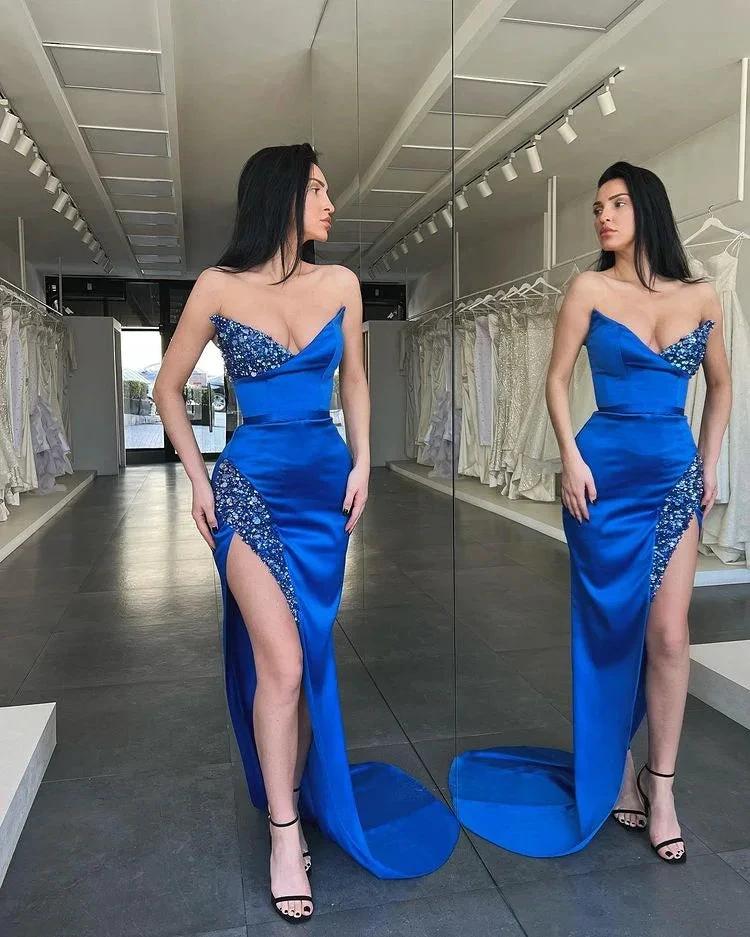 Gorgeous Sexy Royal Blue Sleeveless Long Beads Evening Dress With Split - Image 2