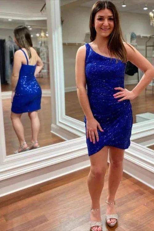 Gorgeous Short Column One Shoulder Sleeveless Sequined Satin Homecoming Dress - Image 2