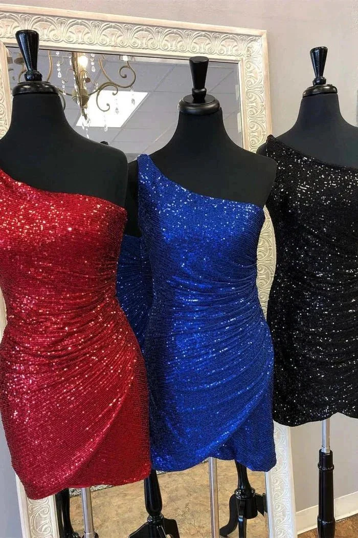Gorgeous Short Column One Shoulder Sleeveless Sequined Satin Homecoming Dress - Image 3