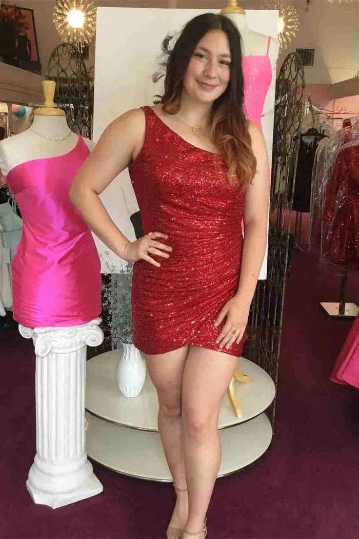 Gorgeous Short Column One Shoulder Sleeveless Sequined Satin Homecoming Dress - Image 4