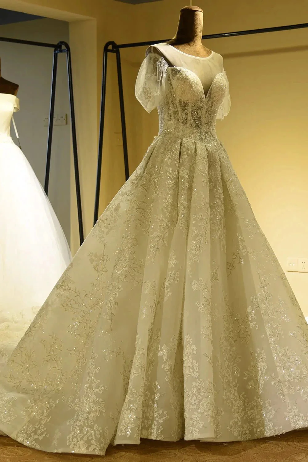 Gorgeous Short Sleeve Lace Tulle Princess Ivory Wedding Dress - Image 3