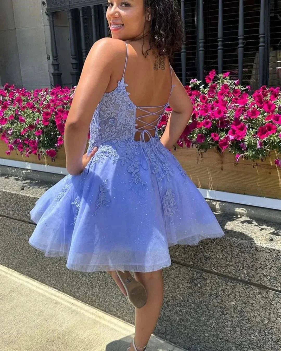 Gorgeous Short Spaghetti straps Lace Glitter Sleeveless Homecoming Dress - Image 2