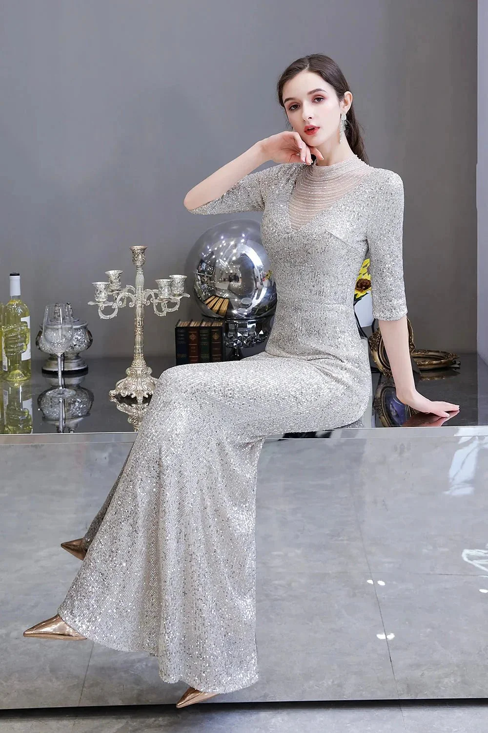 Gorgeous Silver Long sleeves Long Prom Dress - Image 10