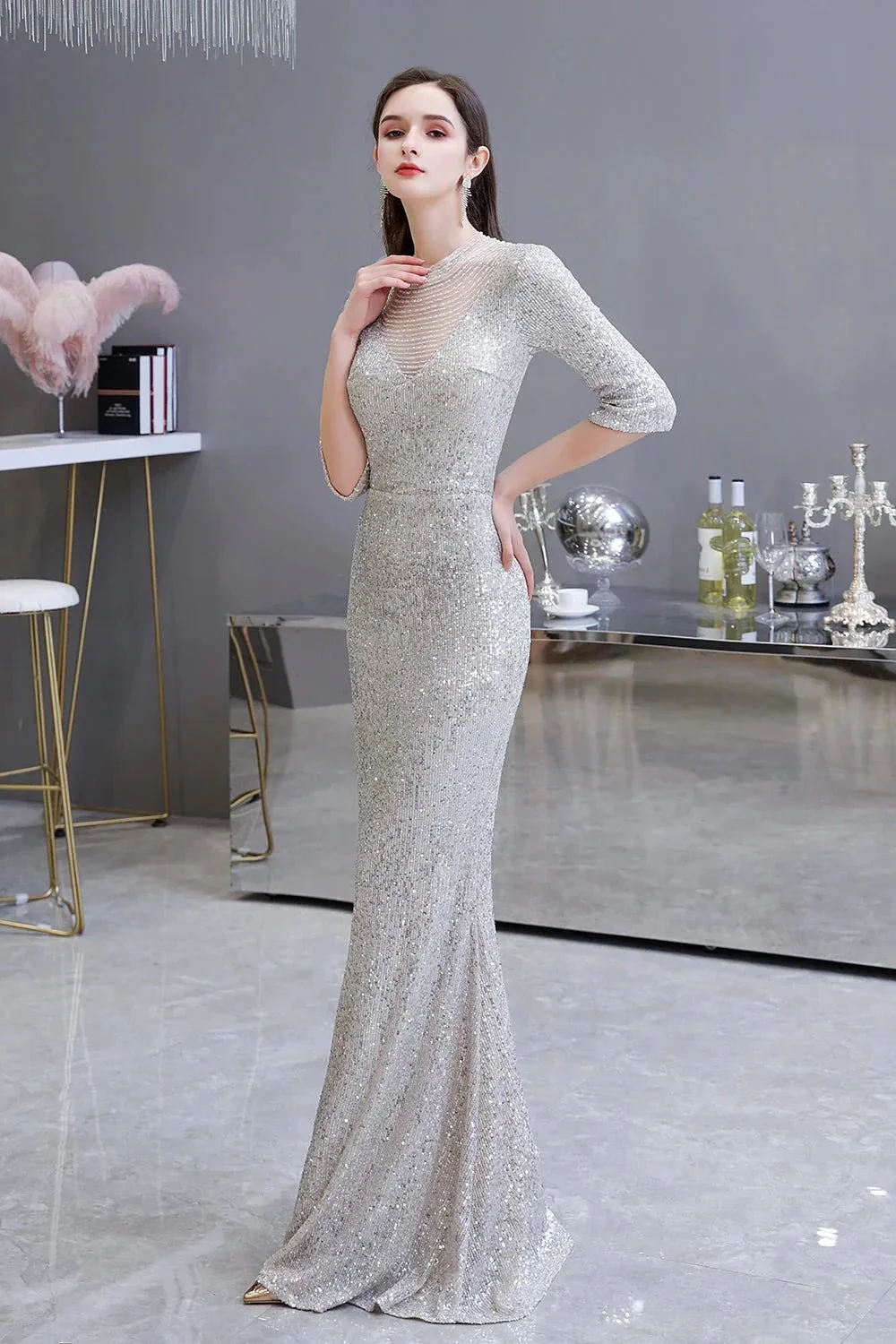 Gorgeous Silver Long sleeves Long Prom Dress - Image 2