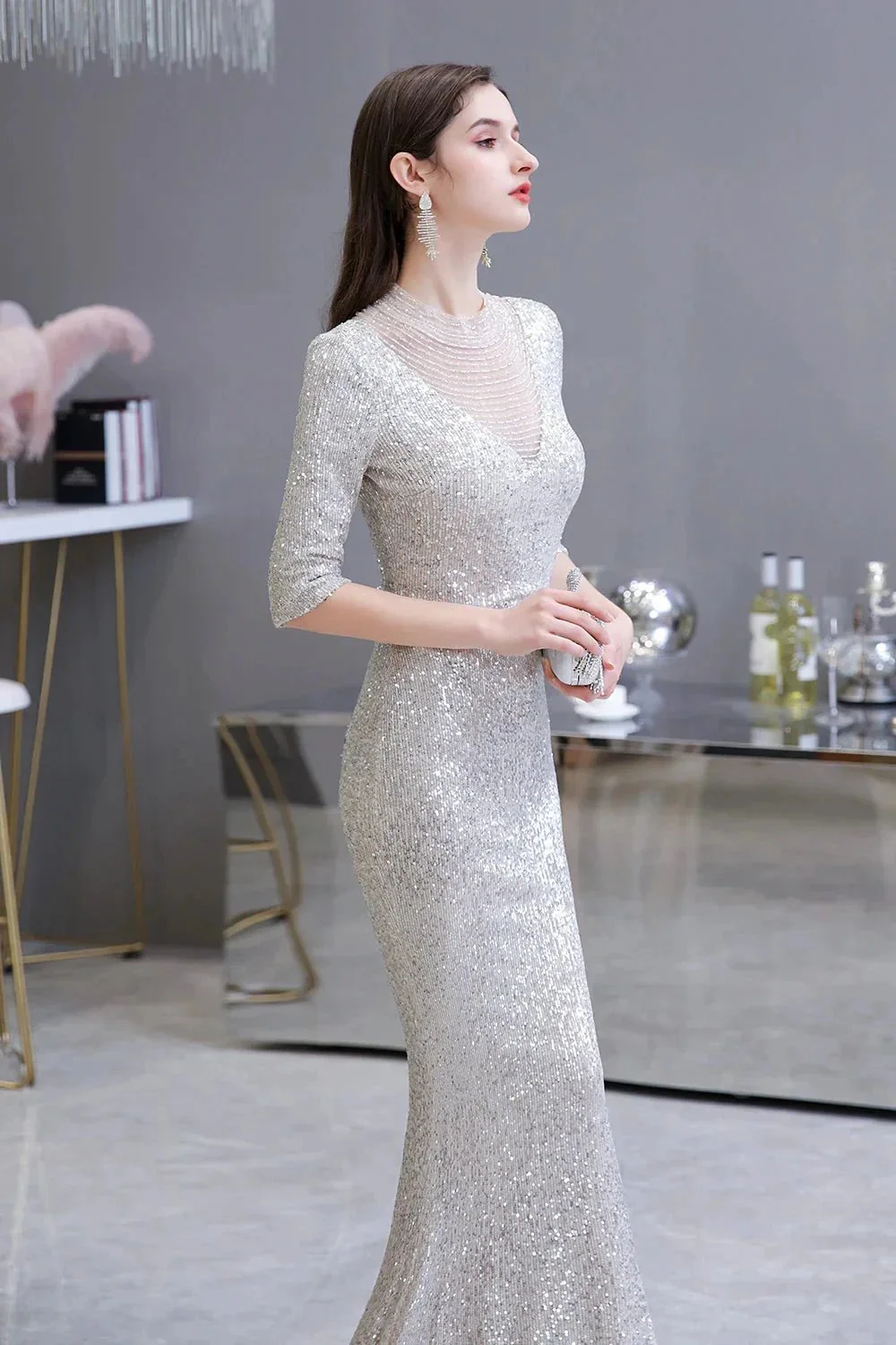 Gorgeous Silver Long sleeves Long Prom Dress - Image 4