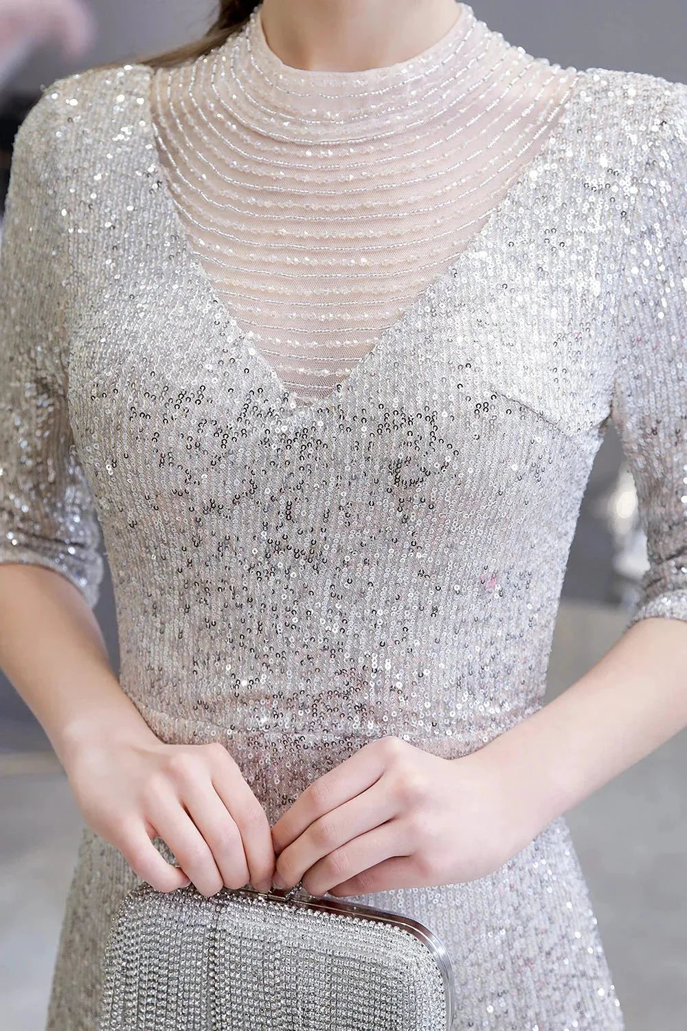 Gorgeous Silver Long sleeves Long Prom Dress - Image 6