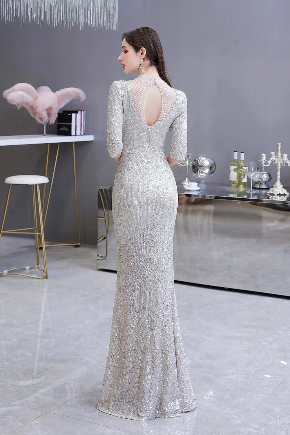 Gorgeous Silver Long sleeves Long Prom Dress - Image 7