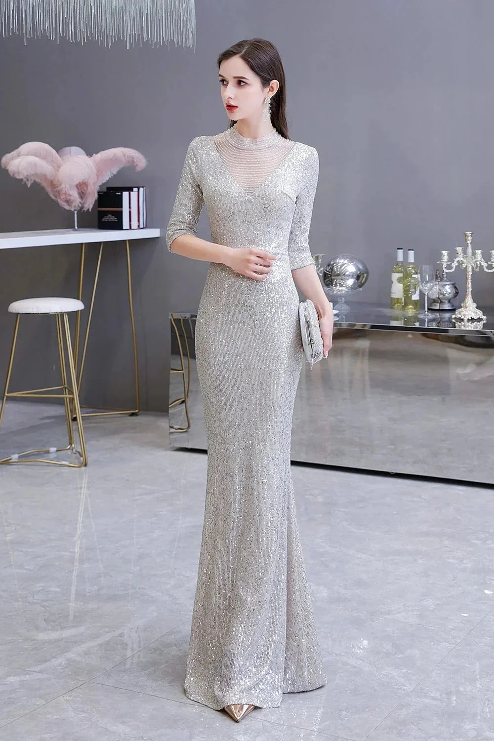 Gorgeous Silver Long sleeves Long Prom Dress - Image 9