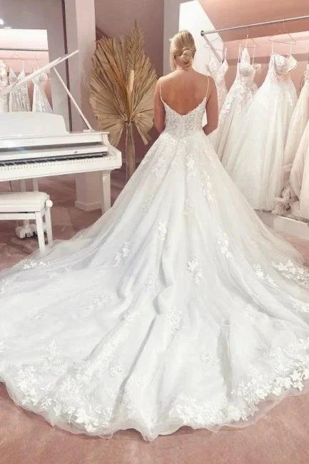 Gorgeous Spaghetti Strap Sleeveless A-Line Floor-Length Tulle Wedding Dresses with Court Train - Image 2