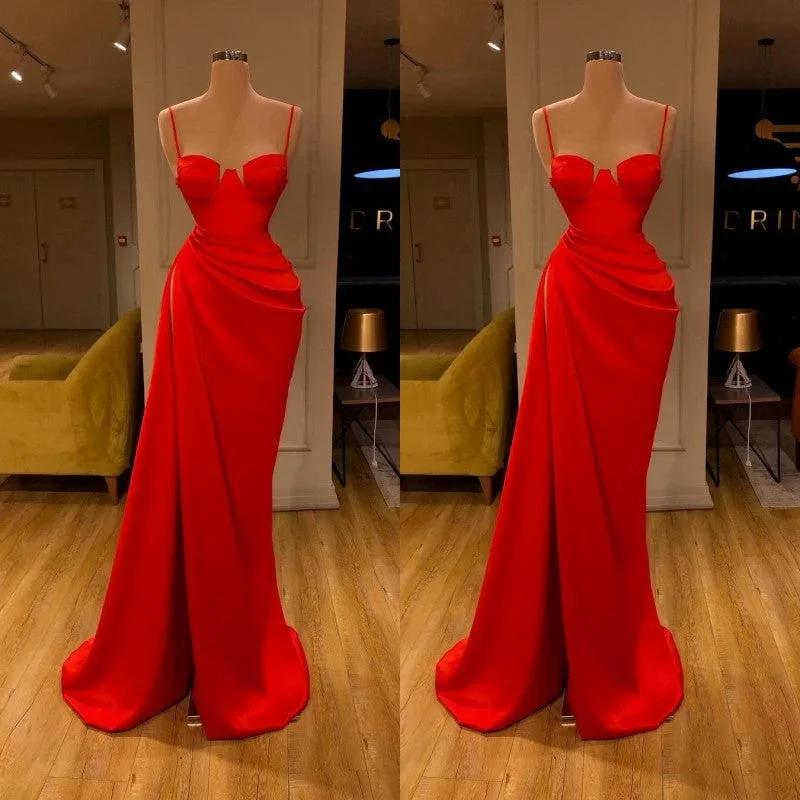 Gorgeous Spaghetti Strap Unique Round Cup High Split Red Prom Dress - Image 2