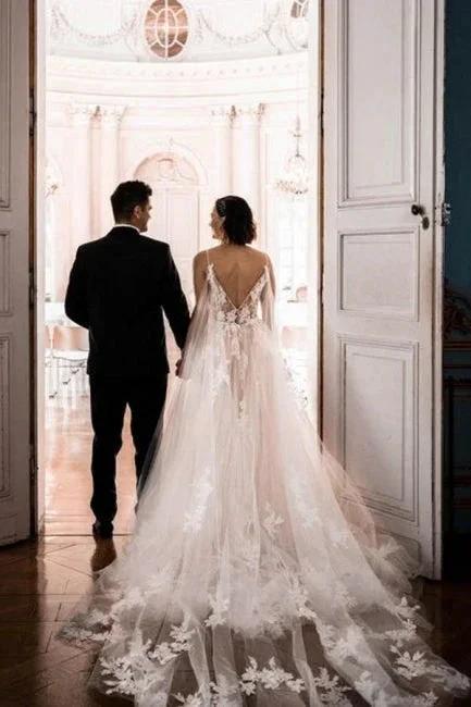 Gorgeous Spaghetti Straps Sleeveless A-Line Tulle Wedding Dresses with Pattern - Image 3